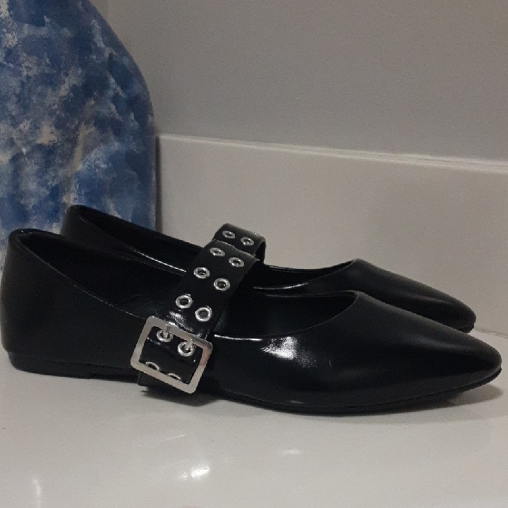 Yoki Black Flats with Silver Buckle. New In Box.